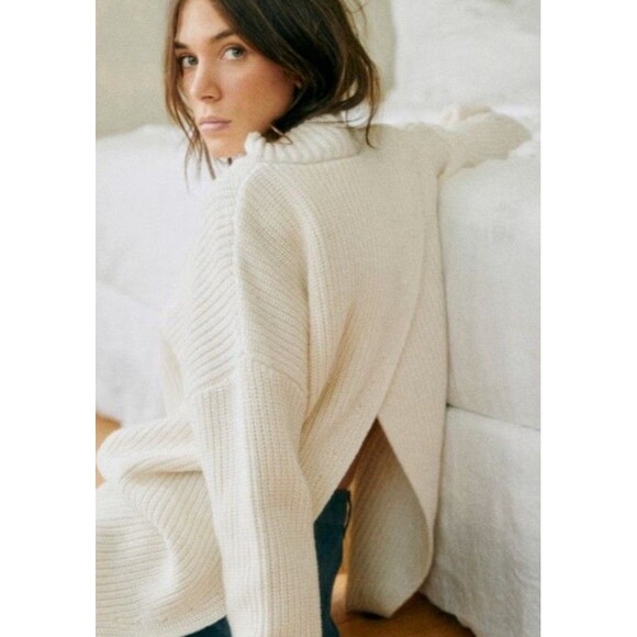 Sézane Emilia Size L Ecru Chunky Ribbed Split Back Mock Neck Sweater Jumper - Picture 10 of 10